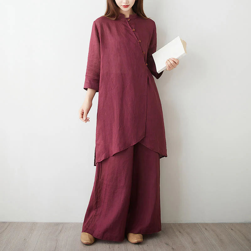 Buddha Stones 2Pcs Three Quarter Sleeve Shirt Top Pants Meditation Zen Tai Chi Cotton Linen Clothing Women's Set
