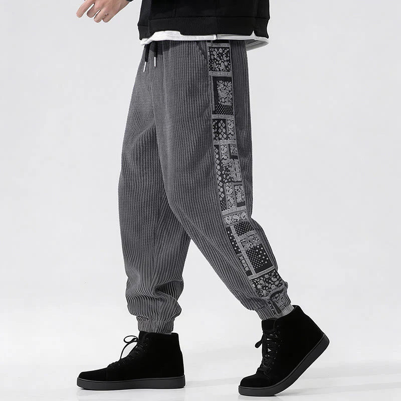 Buddha Stones Fall Solid Drawstring Side Paisley Pattern Straight Leg Ankle-length Corduroy Men's Pants With Pockets