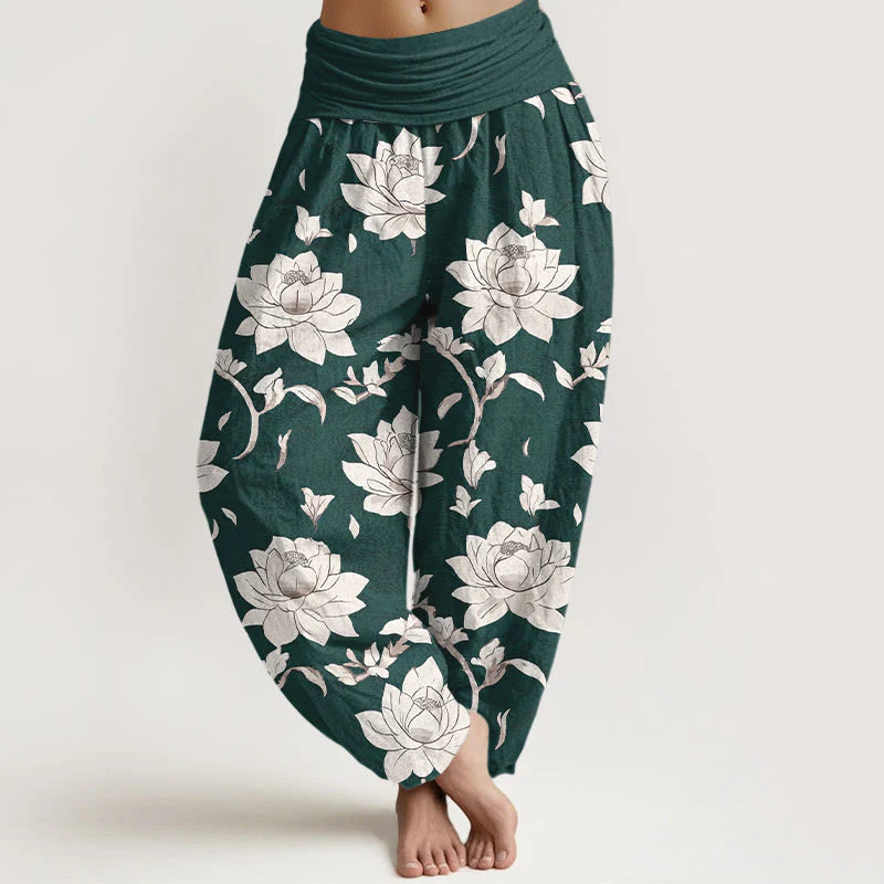 Buddha Stones Pure Cotton Beige Lotus Pattern Women's Elastic Waist Harem Pants