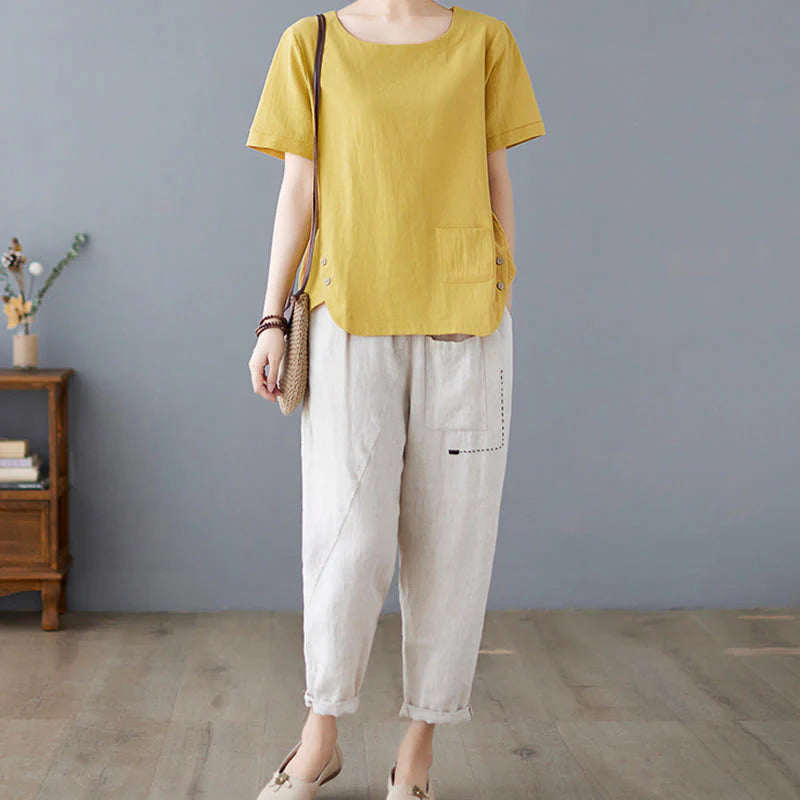 Buddha Stones Side Slit Design Women's Cotton Linen Crew Neck Short Sleeve T-Shirt Wtih Pocket