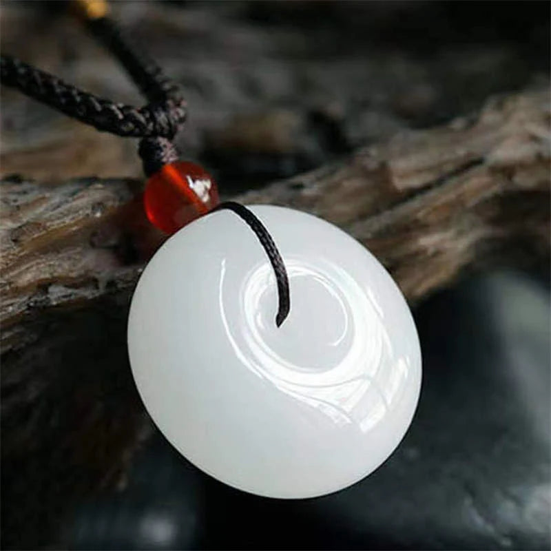 Buddha Stones Round Hetian White Jade Peace Buckle Blessing Necklace Pendant (Extra 30% Off | USE CODE: FS30)
