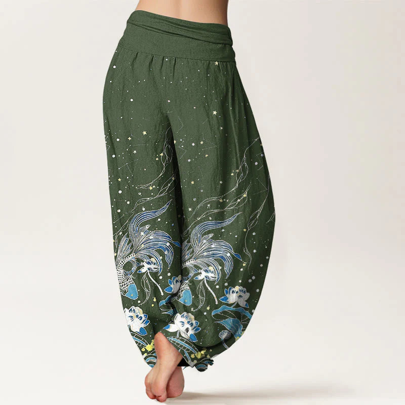Buddha Stones Cotton Starry Sky Koi Fish Lotus Waves Pattern Women's Elastic Waist Harem Pants