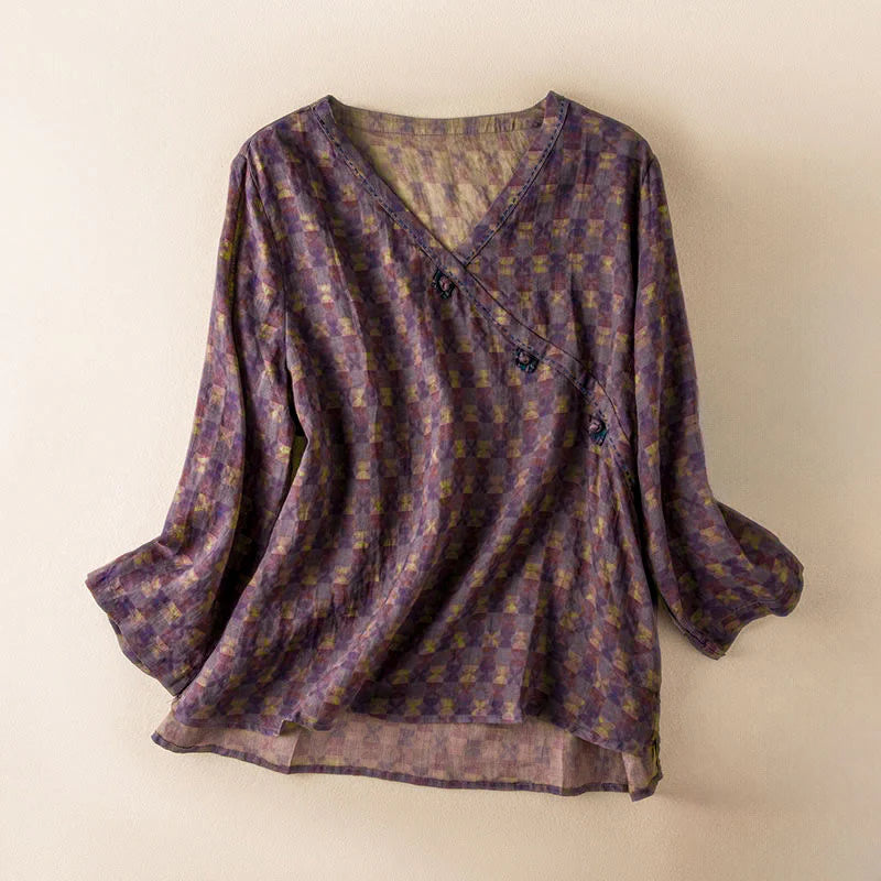 Buddha Stones Spring V-Neck Printed Floral Pattern Women's Long Sleeve Shirt
