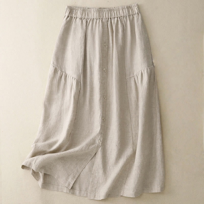 Buddha Stones A-line Buttons Slit Design Elastic Waist Cotton Women's Skirt With Pockets