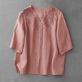 Buddha Stones Artistic Pure Color Embroidered Front Button Design Women's Cotton Half Sleeve Shirt Cardigan