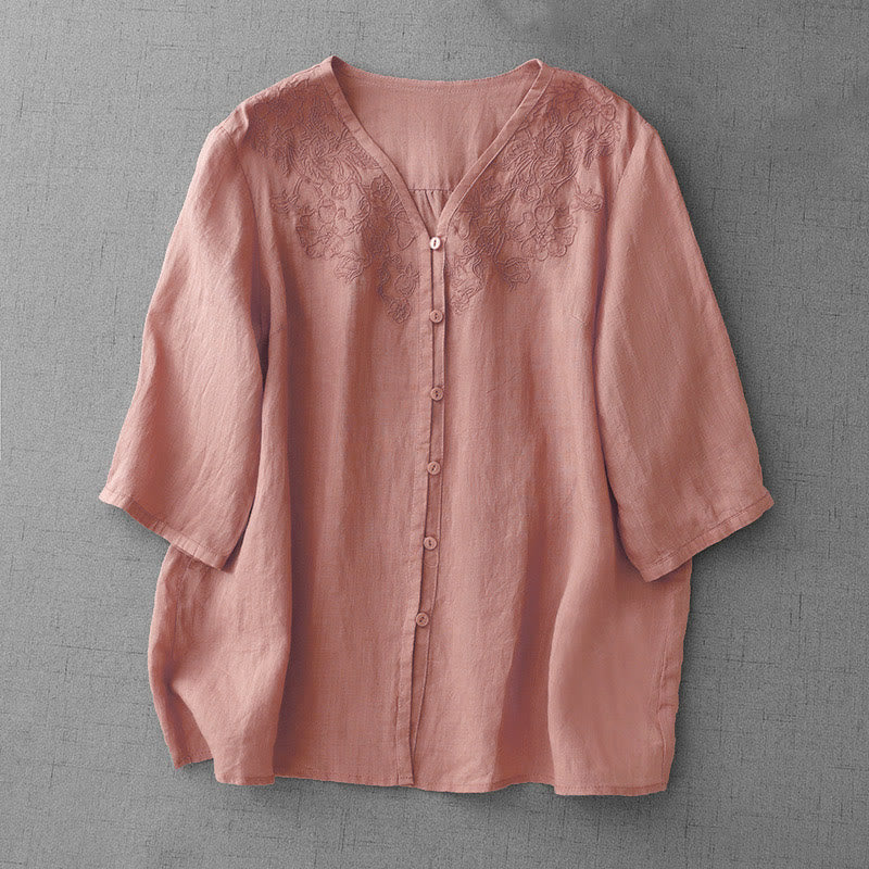 Buddha Stones Artistic Pure Color Embroidered Front Button Design Women's Cotton Half Sleeve Shirt Cardigan