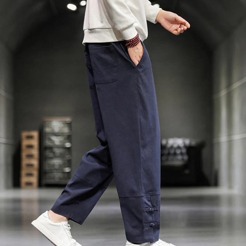 Buddha Stones Drawstring Elastic Waist Frog-Button Ankle-Length Men's Cotton Pants With Pockets