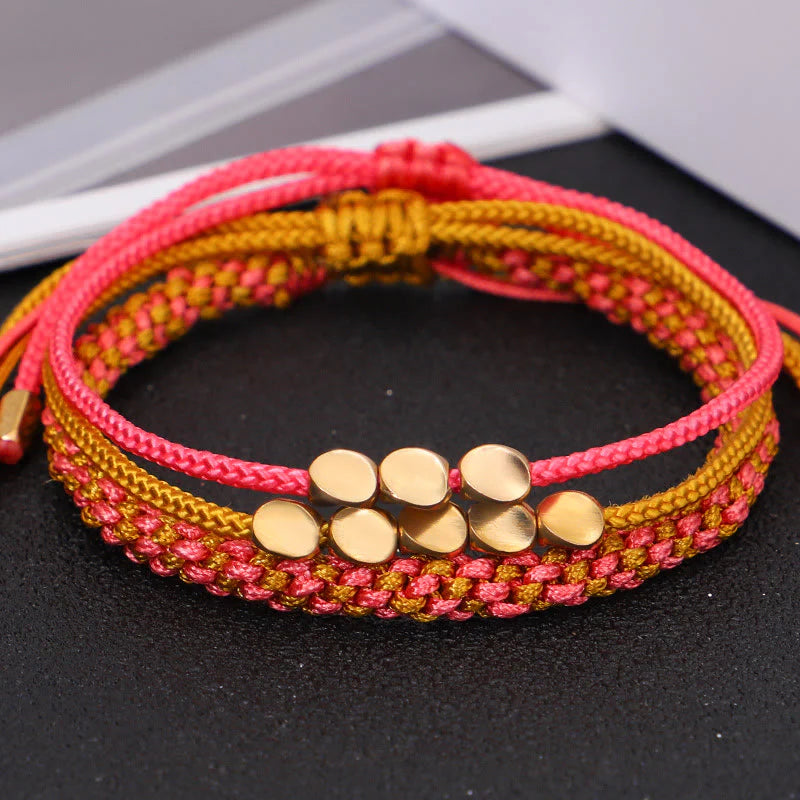 Buddha Stones 3Pcs Pink Yellow String Golden Copper Beads Wealth Bracelet