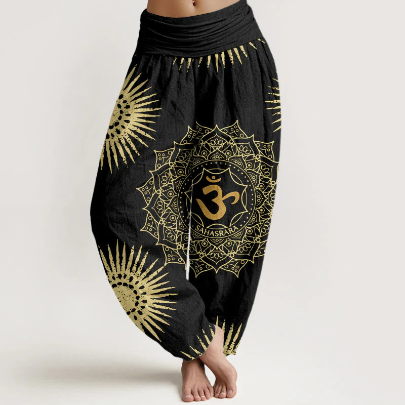 Buddha Stones Cotton Casual Mandala Om Symbol Sun Pattern Women's Harem Pants