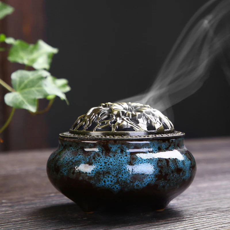 Buddha Stones Flower Pattern Ceramic Blessing Meditation Incense Burner Decoration