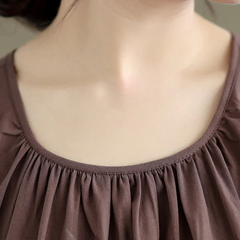 Buddha Stones Summer Artistic Solid Color Pleated Crew Neck Design Women's Cotton Linen  Vest