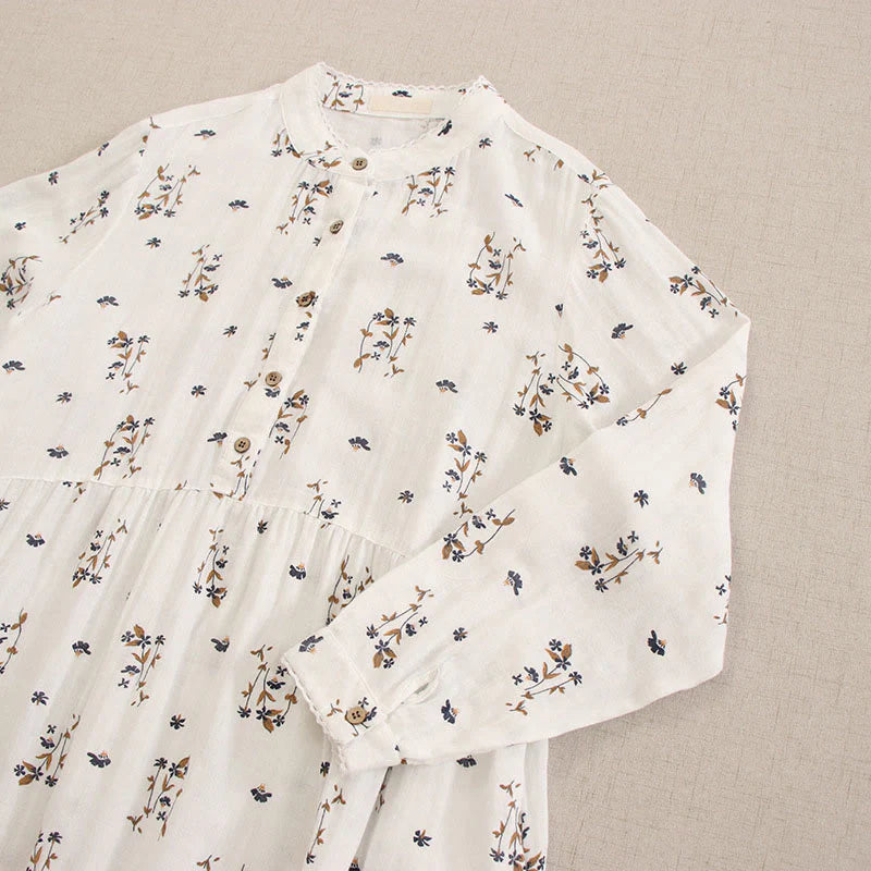 Buddha Stones Spring Small Floral Print Buttons Design Crew Neck Long Sleeve Midi Dress With Pockets