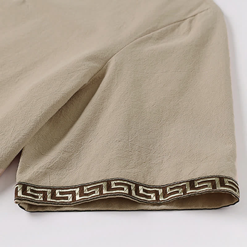 Buddha Stones Summer Embroidered Short Sleeve Notched Collar Men's Cotton Linen T-Shirt