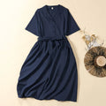 Buddha Stones Summer Solid Color Lace-up A-line Design Short Sleeve Midi Dress With Pockets