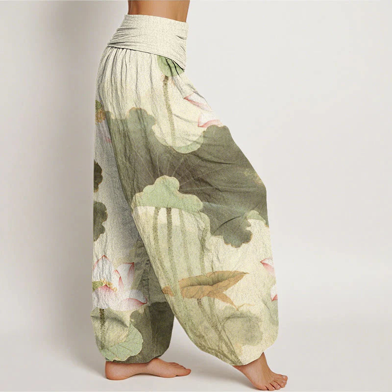 Buddha Stones Cotton Casual Lotus Petal Pods Pattern Women's Elastic Waist Harem Pants