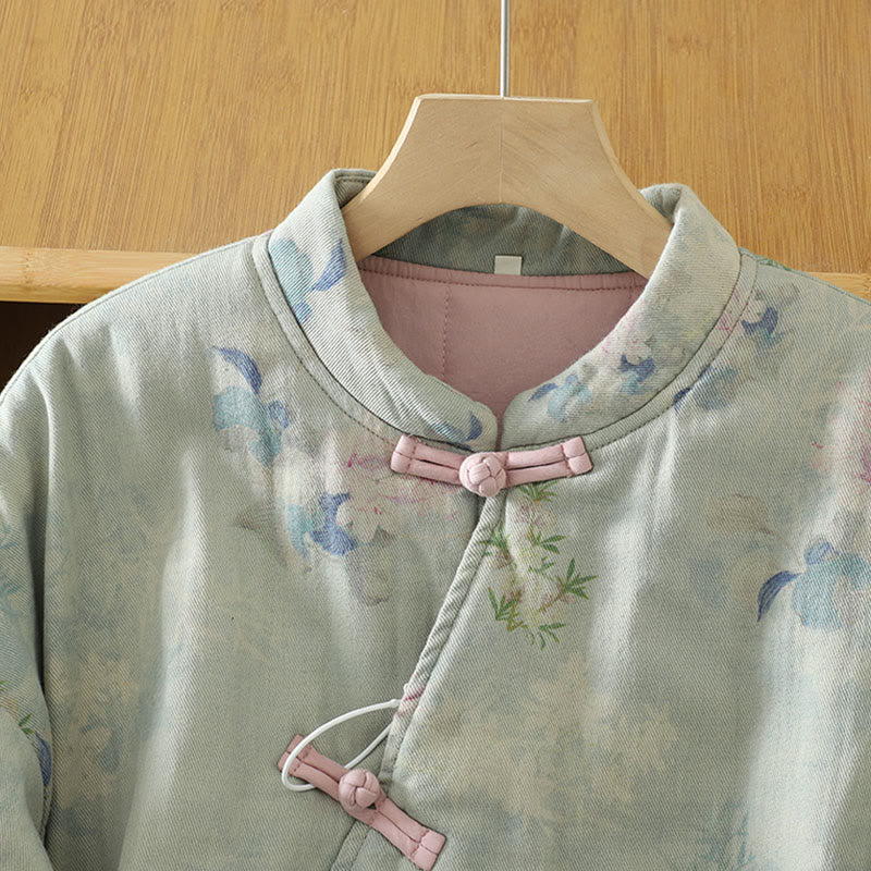 Buddha Stones Frog-button Flower Pattern Crew Neck Thickened Long Sleeve Women's Coat