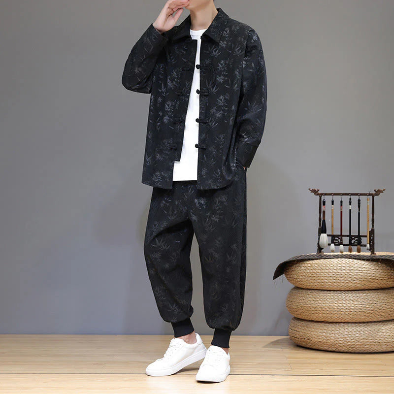 Buddha Stones 2Pcs Winter Thick Bamboo Men's Tang Suit Frog-Button Cotton Corduroy Long Sleeve Jacket Pants Set With Pockets
