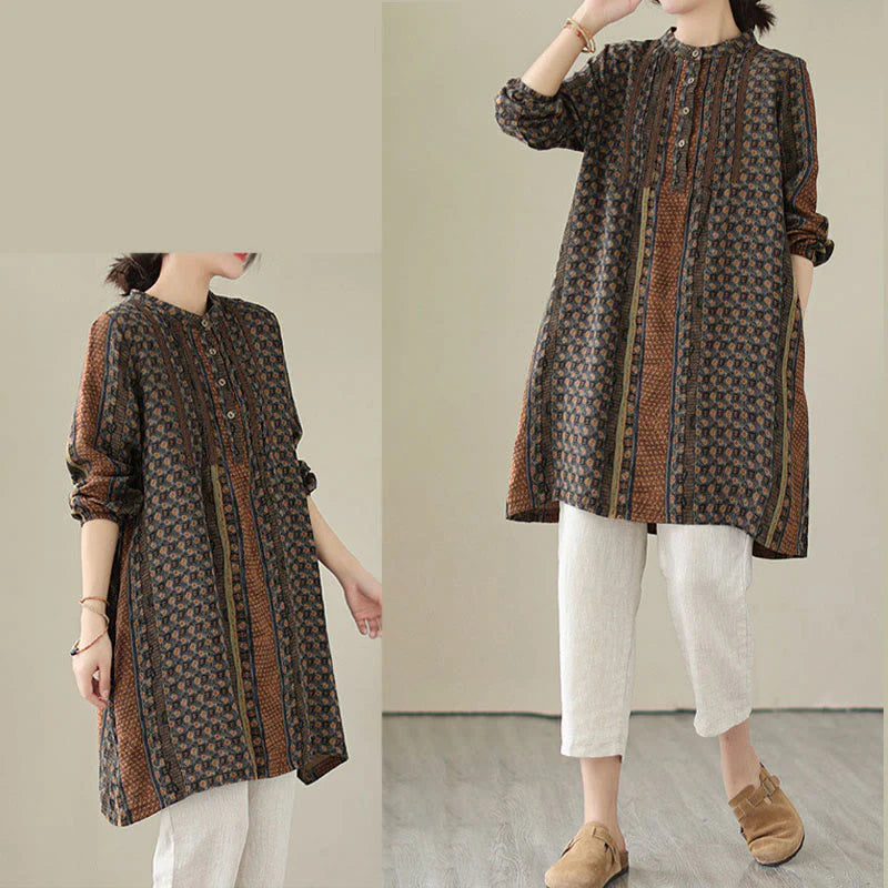 Buddha Stones Retro Printed Floral Women's Accordion Pleats Design Long Sleeve Shirt With Pockets