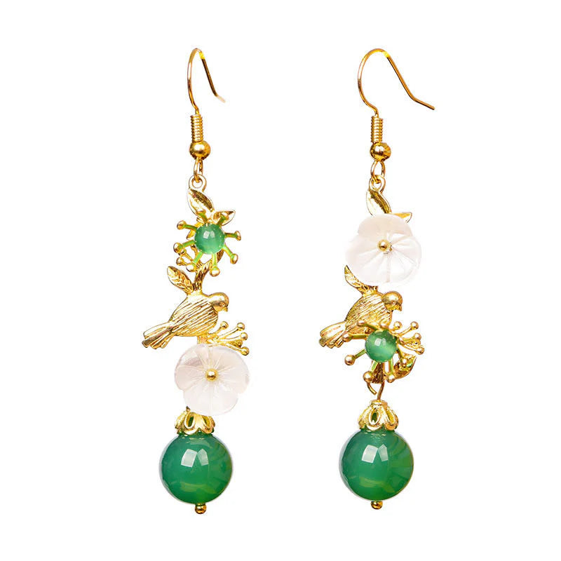 Buddha Stones Green Agate Bead White Flower Bird Power Drop Earrings