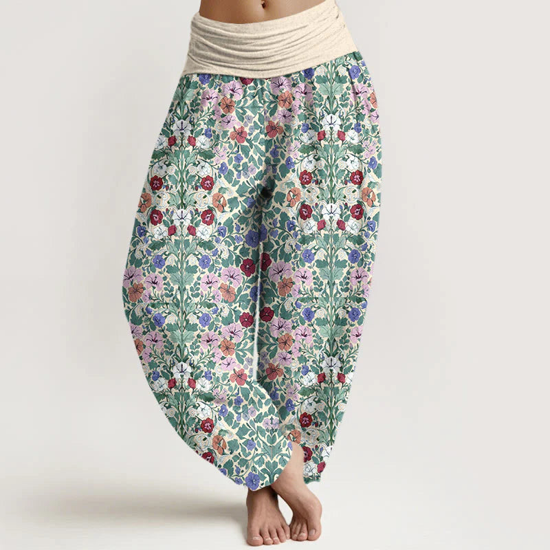 Buddha Stones Cotton Softly Colored Flower Leaf Pattern Women's Elastic Waist Harem Pants