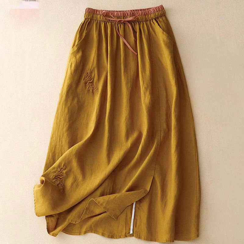 Buddha Stones Vintage Solid Embroidery Drawstring Women's Skirt With Pockets