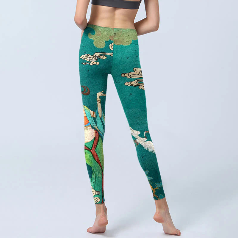 Buddha Stones Elegant Fairy Crane Cloud Pine Tree Pattern Print Gym Leggings Women's Yoga Pants