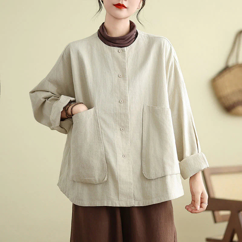 Buddha Stones Women's Long Sleeve Crew Neck Cotton Jacket With Pockets