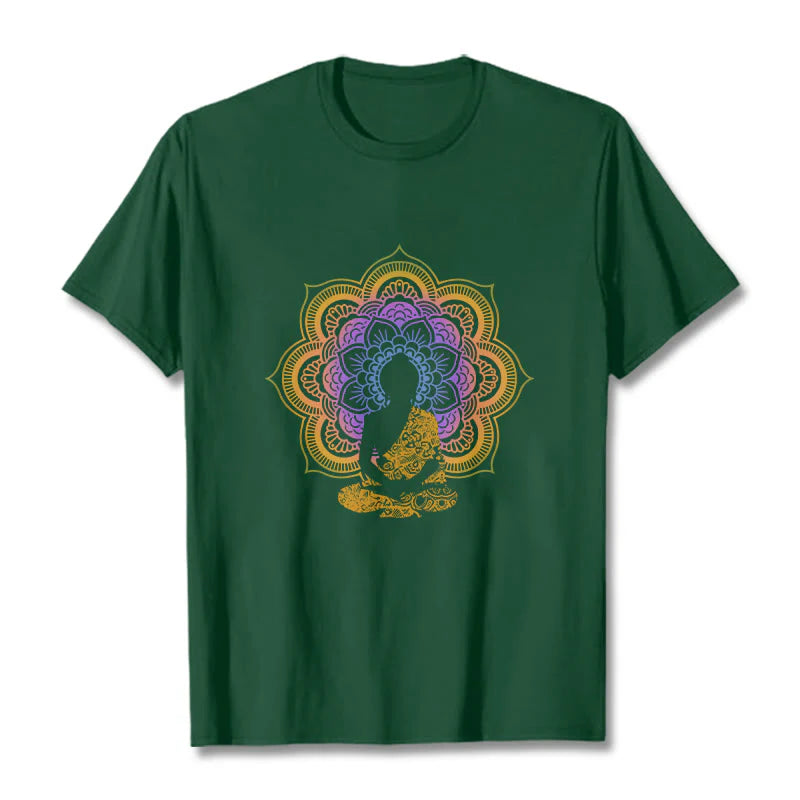 Buddha Stones Multicolor Mandala Flower Seated Buddha Pattern Tee T-shirt