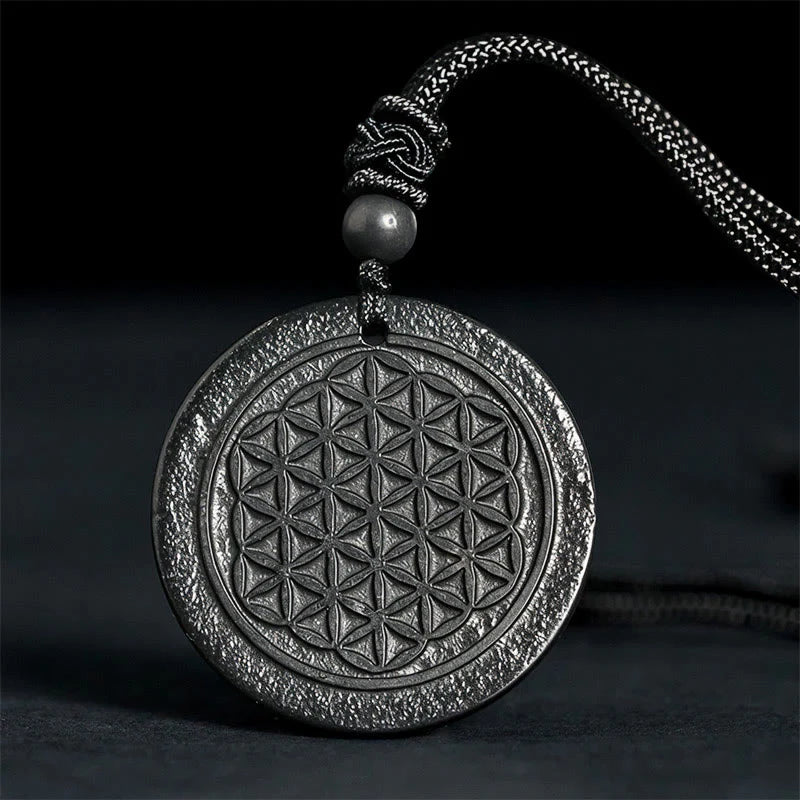 Buddha Stones Flower of Life Carving Design Authentic Shungite Stone Protection Necklace Pendant