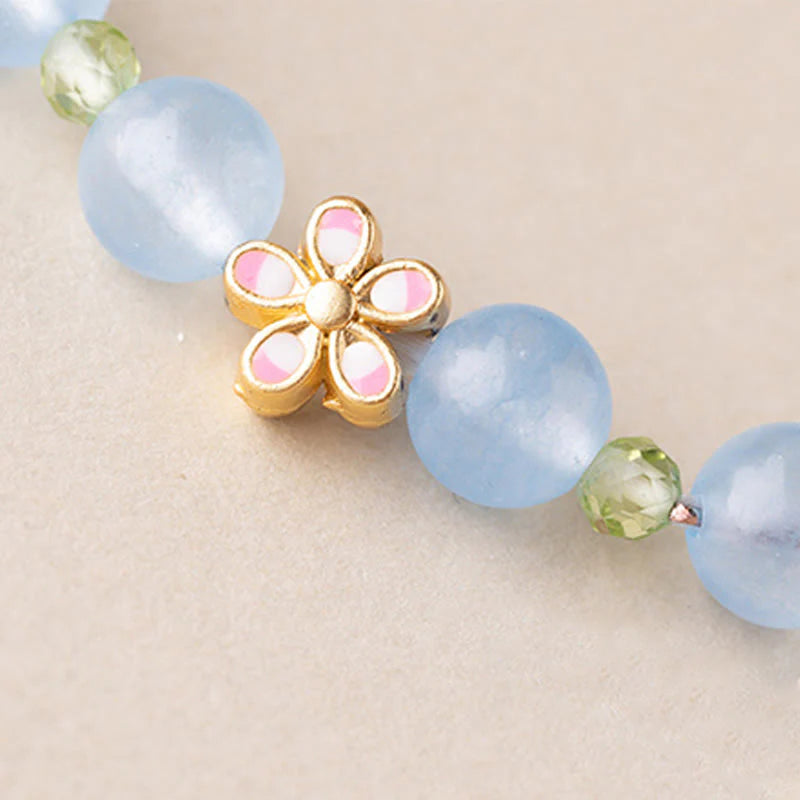 Buddha Stones Natural Aquamarine Gold-Plated Copper Flower Healing Bracelet