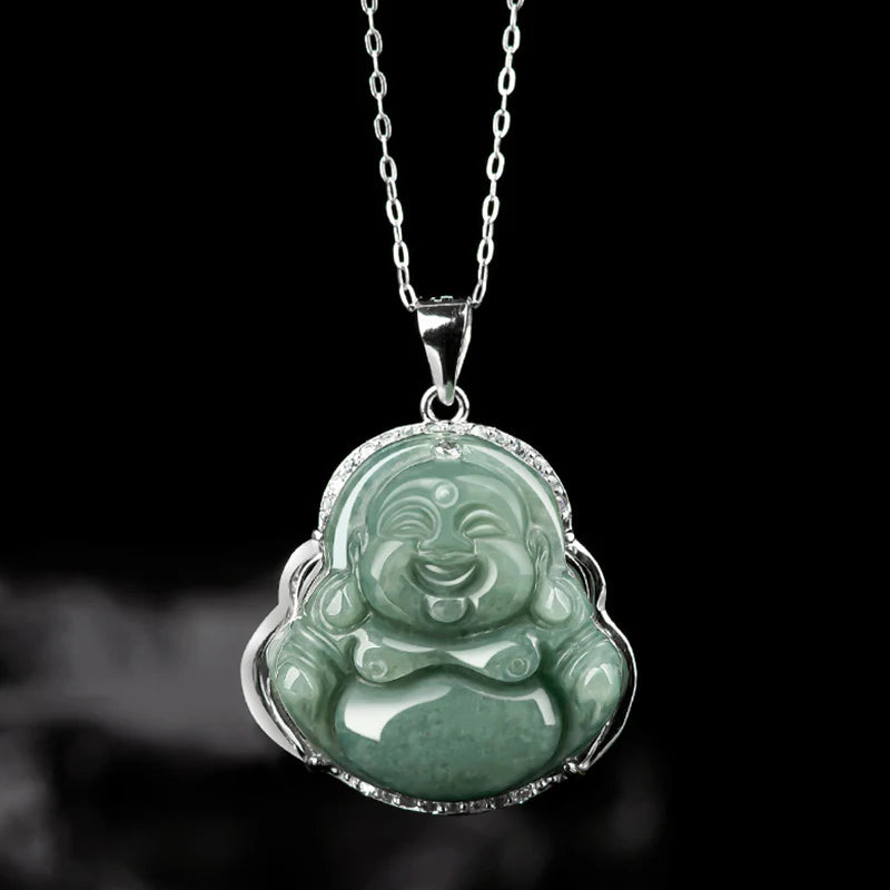 Buddha Stones Laughing Buddha Jade Abundance Necklace Titanium Steel Chain Pendant
