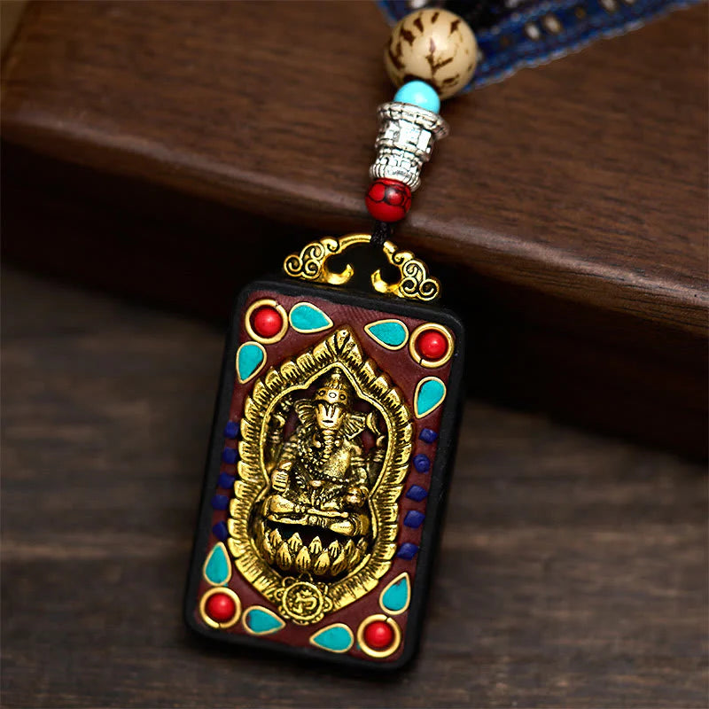 Buddha Stones Tibetan Ganesh Ganpati Elephant Ebony Wood Rope Peace Necklace Pendant