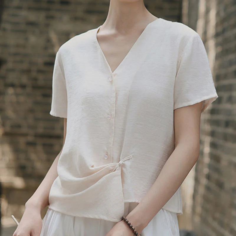 Buddha Stones Button Irregular Design V-Neck Cotton Linen Women's Short Sleeve Shirt