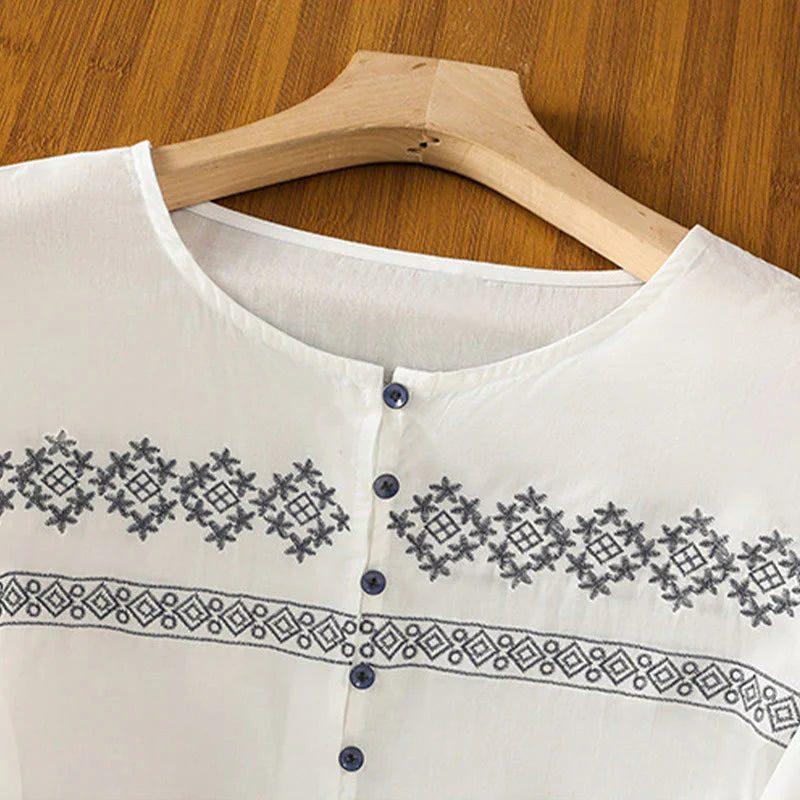 Buddha Stones Embroidery Pleated Buttons Long Lantern Sleeve Women's Cotton Shirt