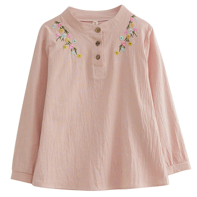 Buddha Stones Women's Spring Embroidered Flower Pattern Stand Collar Long Sleeve Cotton Shirt
