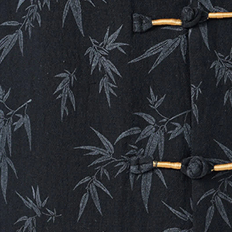 Buddha Stones Summer Bamboo Leaves Pattern Chinese Frog-Button Cotton Linen Short Sleeve Men's Shirt