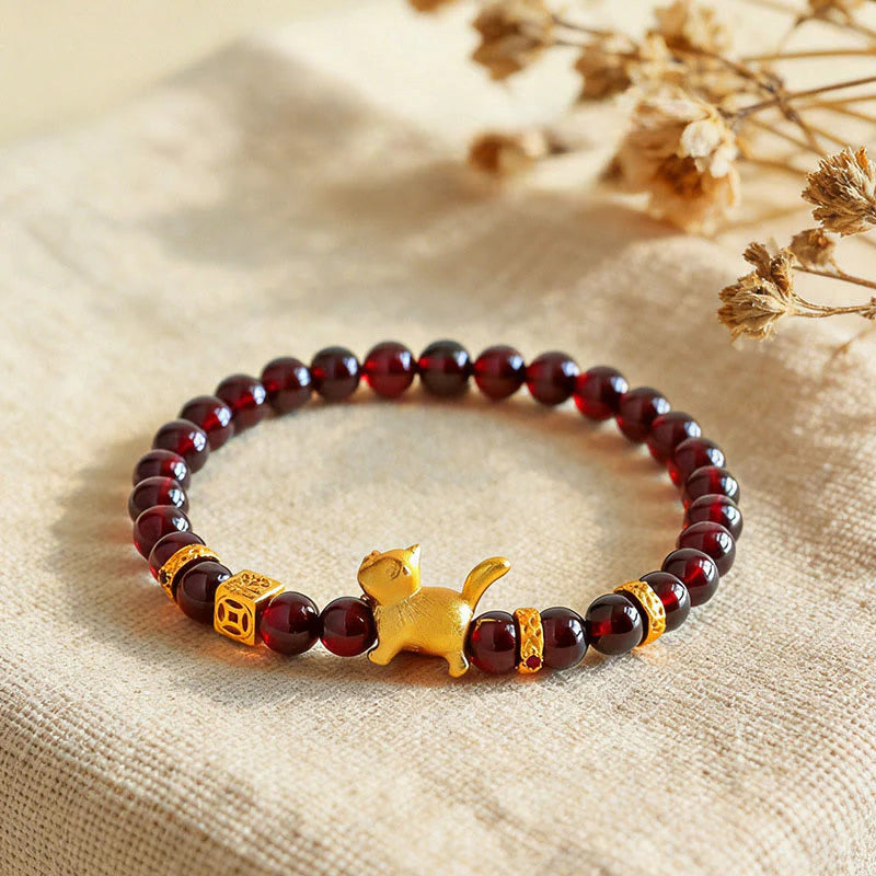 Buddha Stones Cute Lucky Cat Charm Garnet Cinnabar Calm Protection Beaded Bracelet