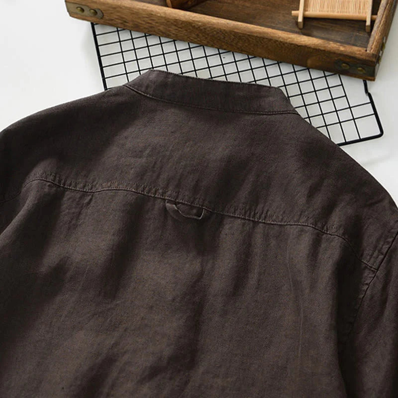 Buddha Stones Fall Solid Color Buttons Down Stand Collar Three Quarter Sleeve Linen Men's Shirt With Pockets