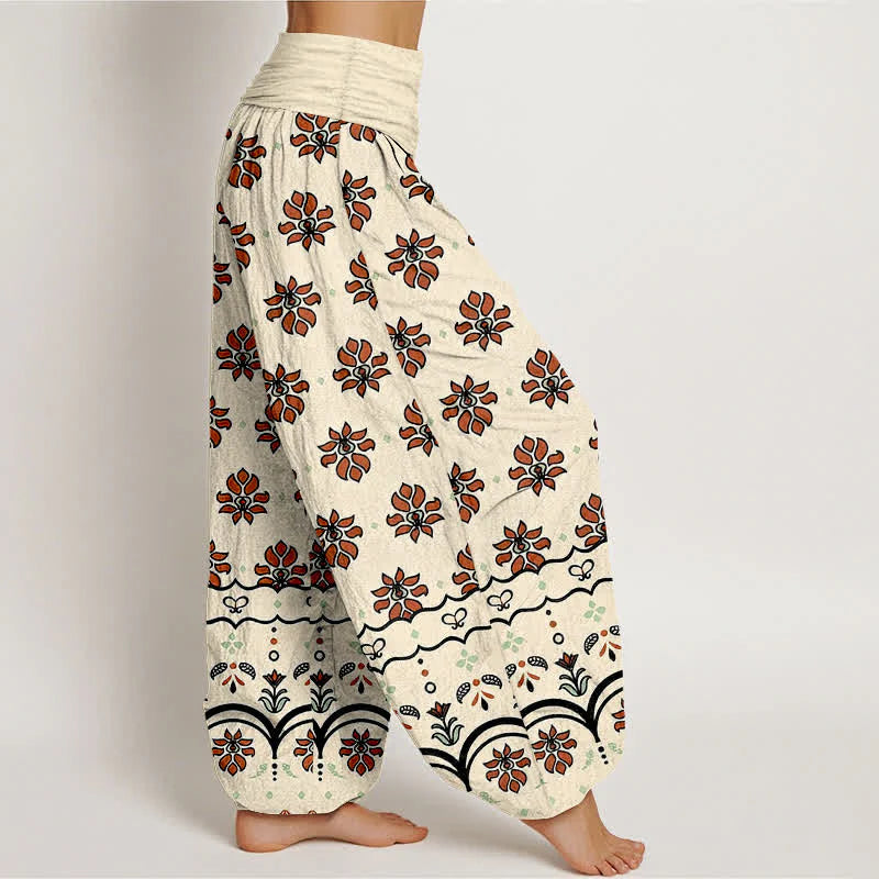 Buddha Stones Floral Pattern Pure Cotton Women's Harem Elastic High Waist Pants