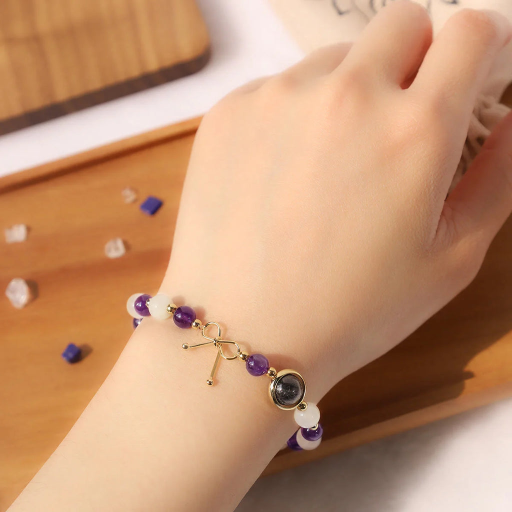 Buddha Stones Amethyst Cat Eye Black Rutilated Quartz Spiritual Bead Bracelet