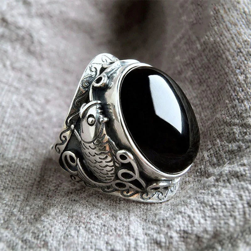 FREE Today: Transformation Strength Black Obsidian Koi Fish Symbol Adjustable Ring