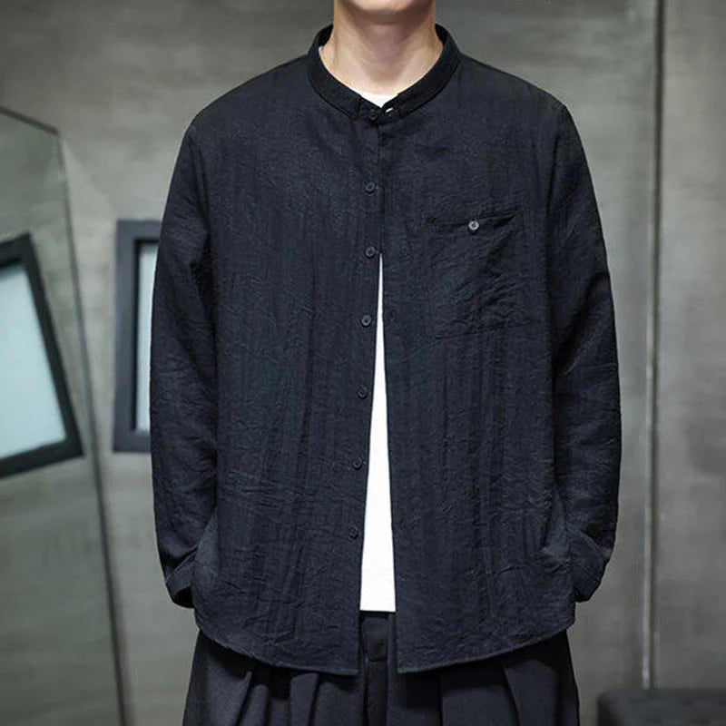 Buddha Stones Spring Men's Solid Color Buttons Design Long Sleeve Shirt