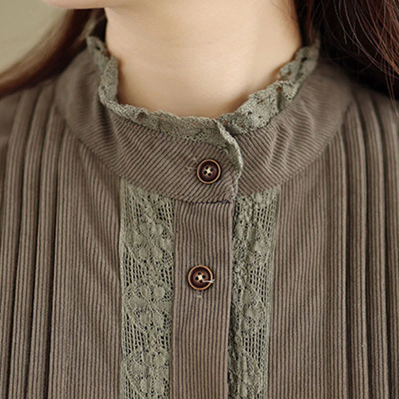 Buddha Stones Winter Pleated Buttons Down Long Sleeve Corduroy Women's Midi Dress With Pockets
