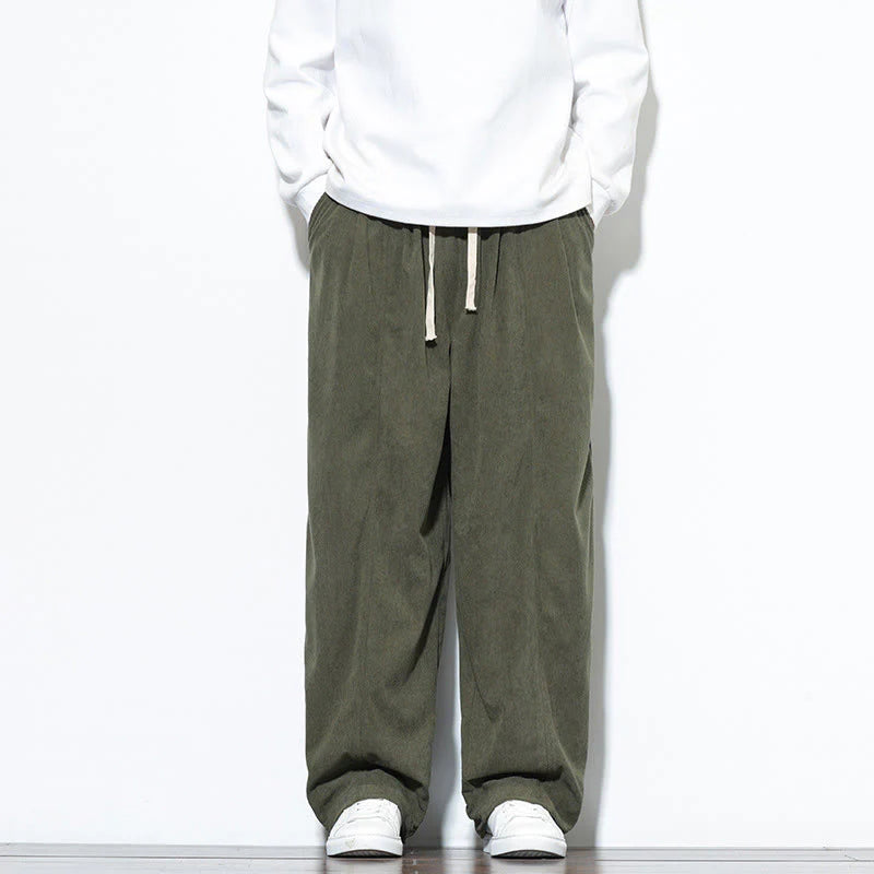 Buddha Stones Plain Drawstring Pure Cotton Corduroy Men's Harem Pants With Pockets
