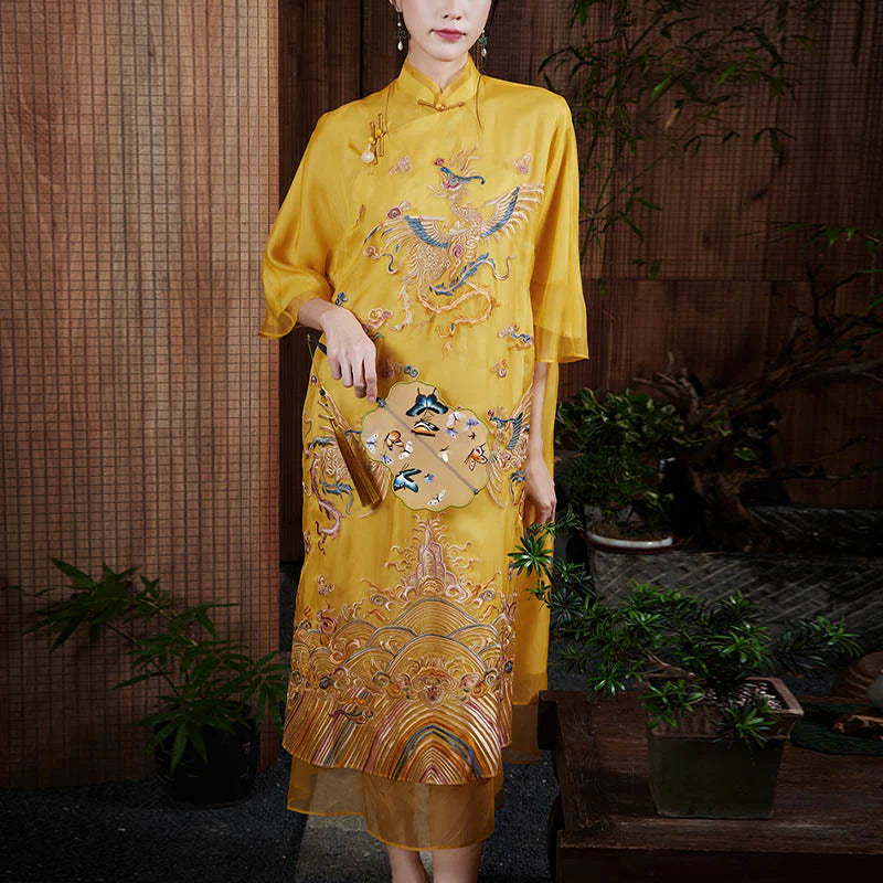 Buddha Stones 100% Mulberry Silk Organza Dress Embroidered Yellow Phoenix Qipao Cheongsam Dress  (Extra 30% Off | USE CODE: FS30)