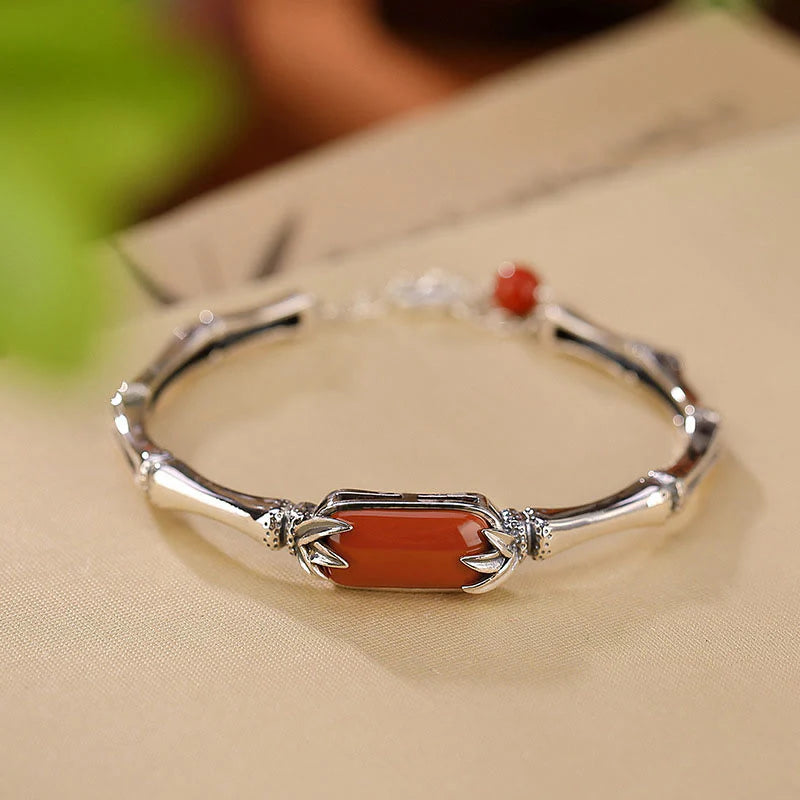 Buddha Stones 925 Sterling Silver Red Agate Bamboo Pattern Calm Bracelet Ring Jewelry Set (Extra 30% Off | USE CODE: FS30)