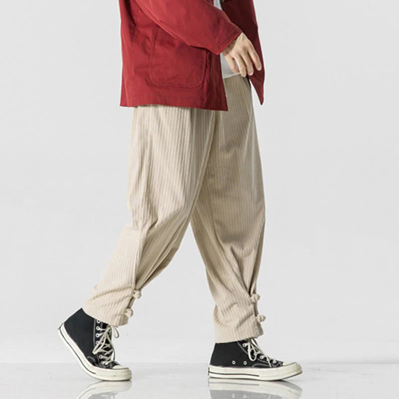 Buddha Stones Fall Winter Men's Pure Color Button Design Cotton Straight Leg Pants With Pockets