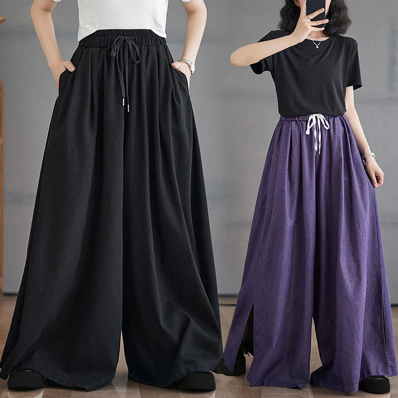 Buddha Stones Retro Leg Opening Slit Design Women's Wide Leg Pants With Pockets