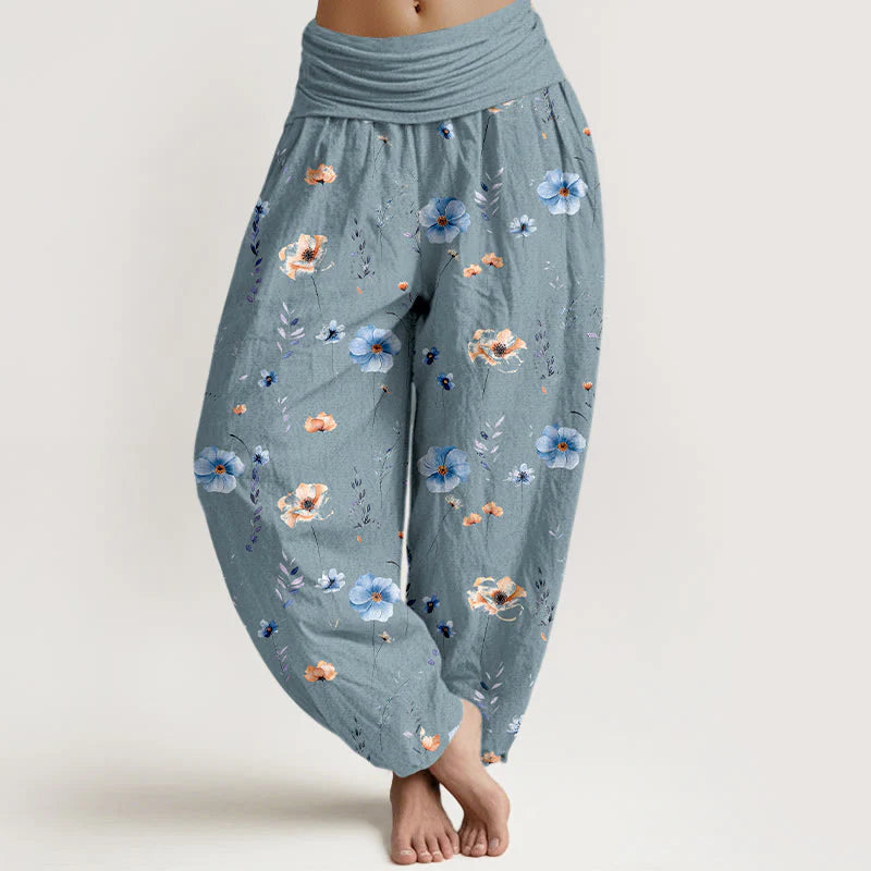 Buddha Stones Cotton Fresh Refined Flower Pattern Women's Elastic Waist Harem Pants