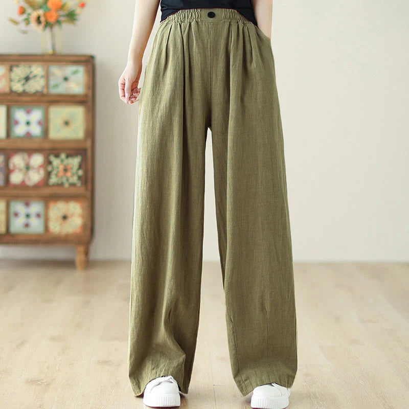 Buddha Stones Commute Button Design Women's Cotton Linen Elastic Waistband Pants With Pockets